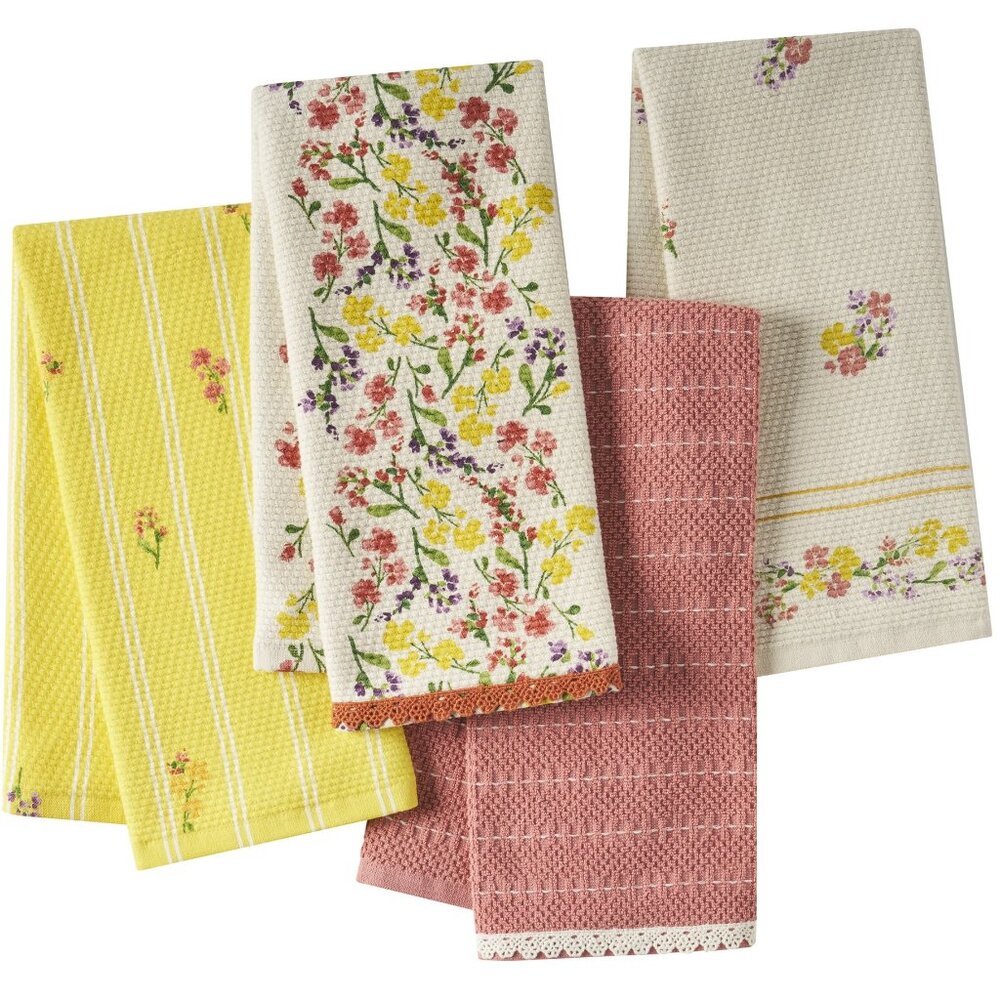 Pioneer Woman Wildflower Floral Woven Kitchen Towels 4pc Set Yellow Pink 18"x28"
